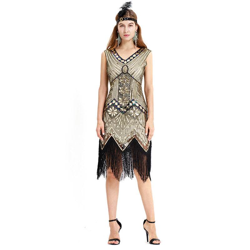 S-4Xl Amazon Wish Real Shot 1920S Retro Sequin Dress Handmade Beaded Tassel Plus Size Evening Dress