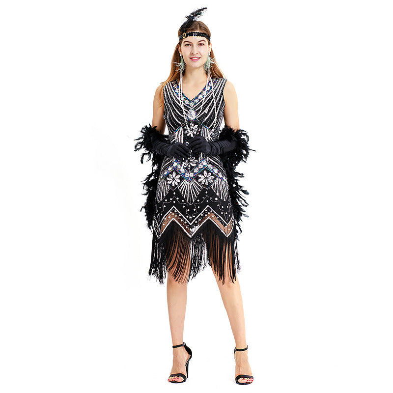 S-4Xl Amazon Wish Real Shot 1920S Retro Sequin Dress Handmade Beaded Tassel Plus Size Evening Dress