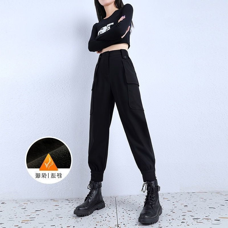 Women's Fleece-Lined Thickened Winter Korean-Style Cargo Pants, Jogger Loose Slimming Ins Harem Casual Pants for Students