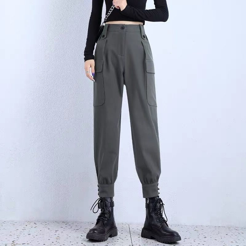 Women's Fleece-Lined Thickened Winter Korean-Style Cargo Pants, Jogger Loose Slimming Ins Harem Casual Pants for Students