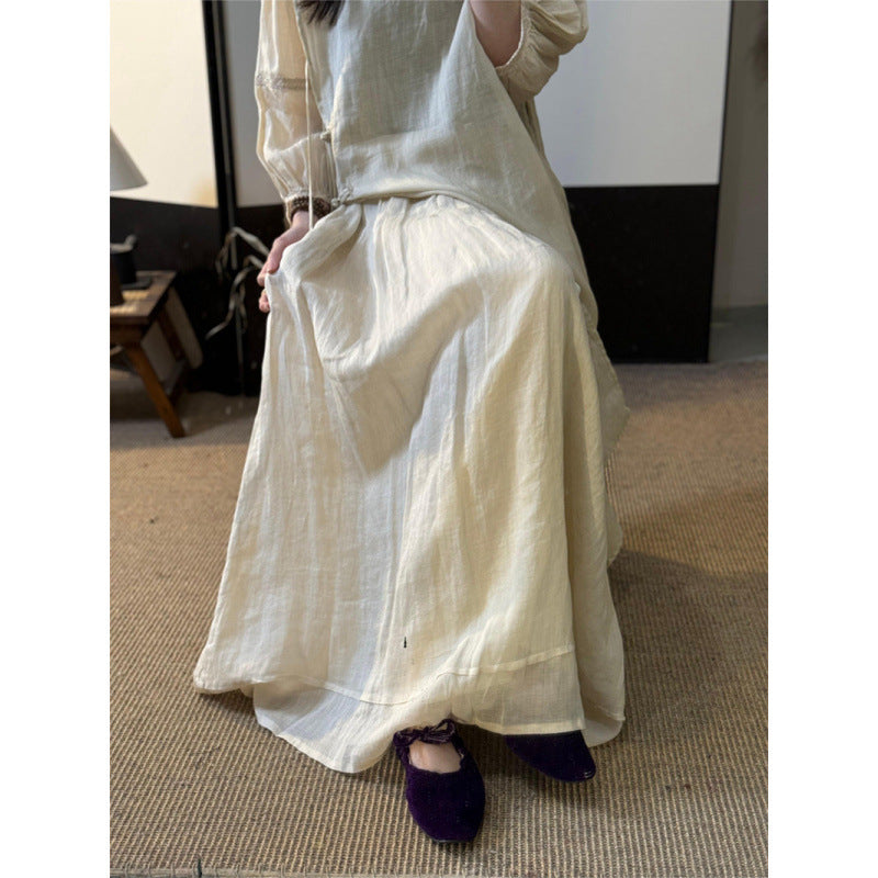 Summer New Style Quality Ramie Handmade Buckle Lace Lace Guofeng dress Double-Layer Skirt suit