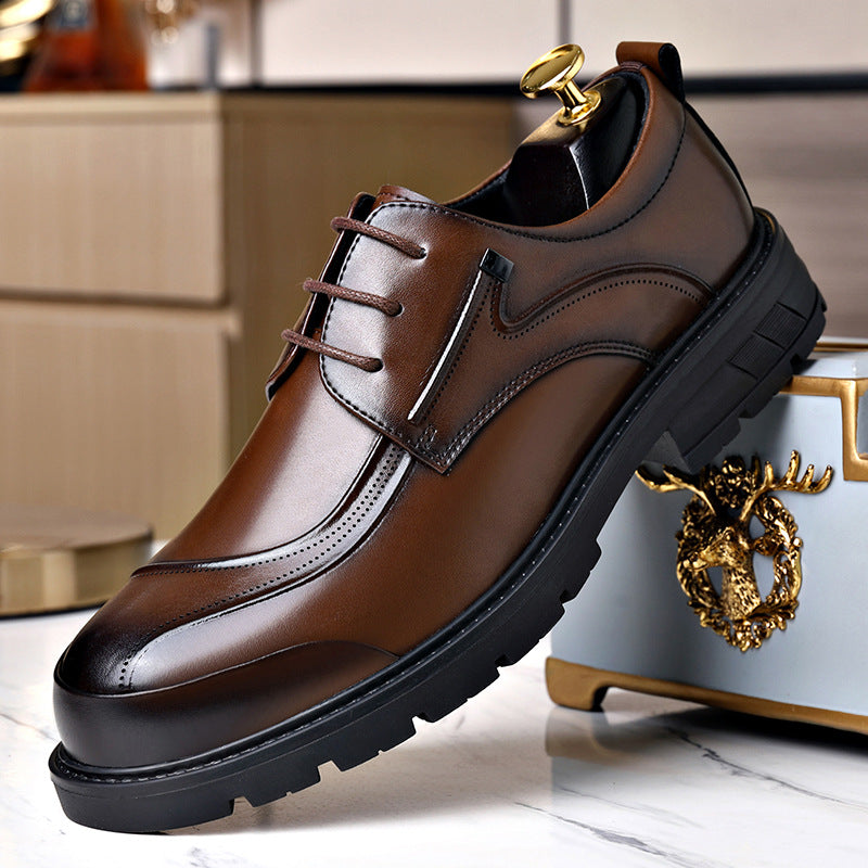 Men's Casual Leather Shoes Popular Lace-Up Round Toe Thick Sole Big Head Brown Fashion British Versatile Business Formal Men's Shoes