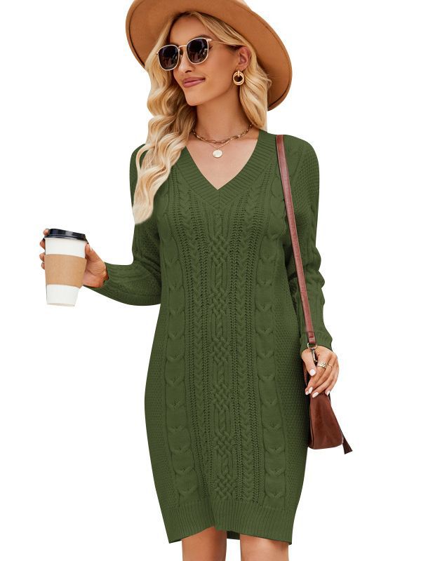 Cross-Border European and American Clothing Pure Color V Neck Long Sweater Dress Autumn and Winter Fashion Elegant Cable Bottoming Knitted Dress