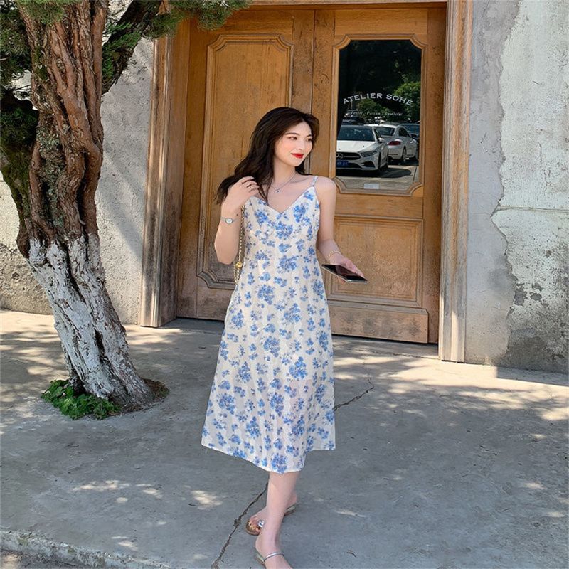 2025 Summer Women's Floral Dress Short Tall French Style V-Neck Strap Casual Dress