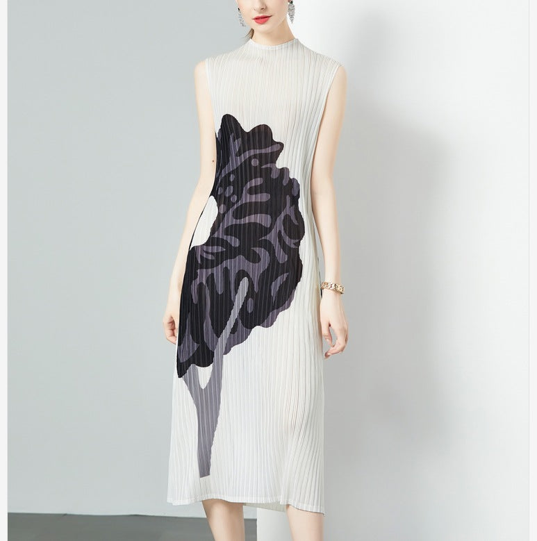 In Stock Miyake Dress Printed Elegant Elegant High-End Loose Slimming Look Elegant Round Neck Sleeveless Pleated Skirt