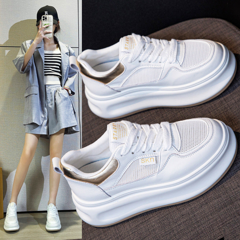 Women's White Sneakers with Hidden Height Increase, 2026 Summer Thin Mesh Breathable Sports Casual Sneakers, Popular Genuine Leather Platform Shoes