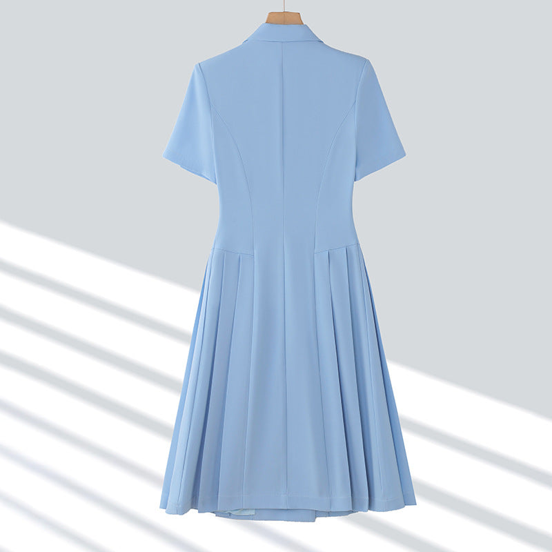 Spring and summer blue short-sleeved dress women's 2025 high-grade double-breasted professional suit collar mid-length skirt