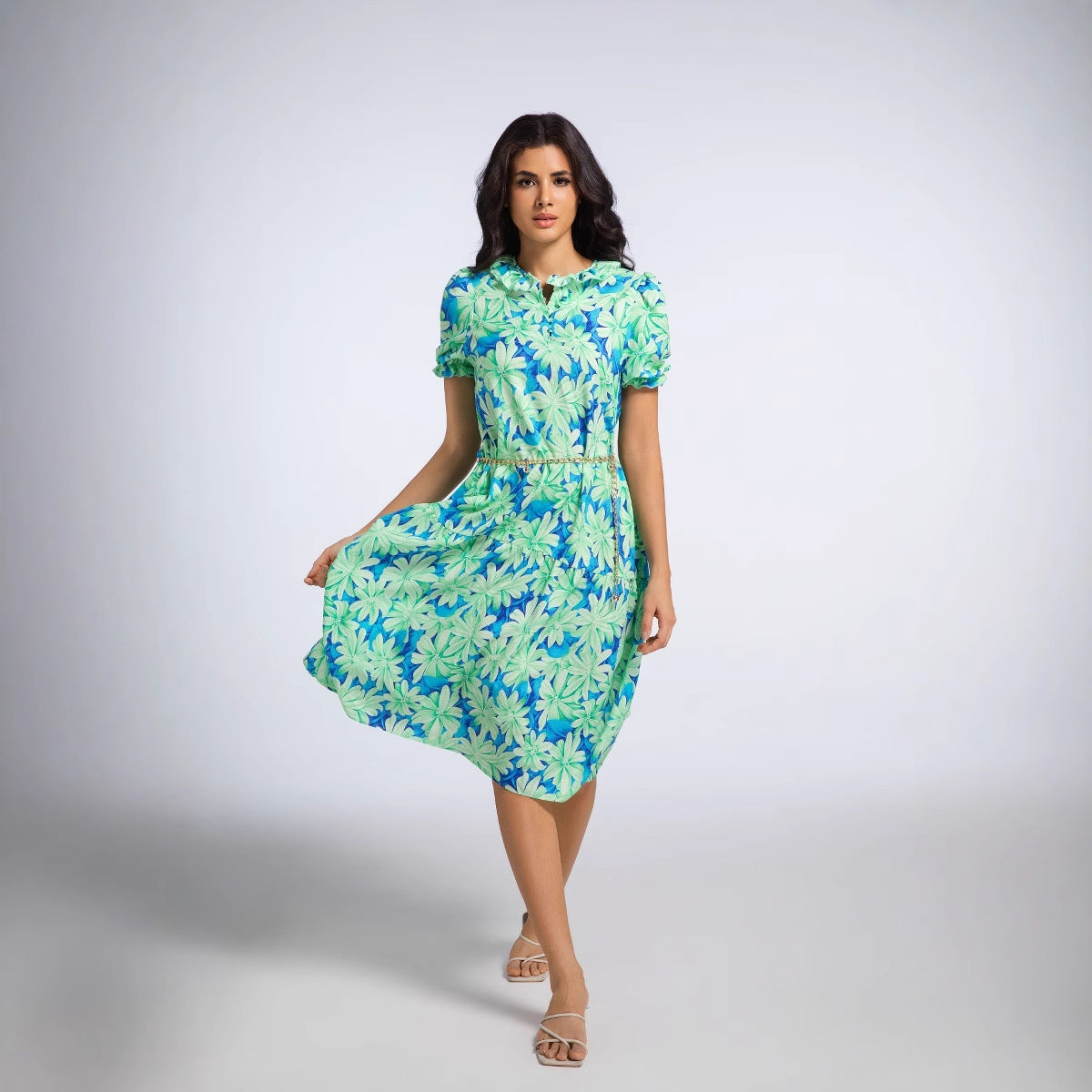 2025 Summer Women's New Ruffled Sleeve Women's European and American Pleated Bow Thai Print Long Skirt Dress