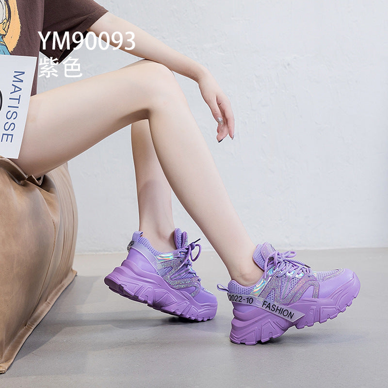 2026 Spring and Autumn Style Dad Shoes, Internet Celebrity Rhinestone Breathable Genuine Leather Shoes for Petite People, Popular Purple Thick-Soled Sports Shoes, Trendy on Instagram