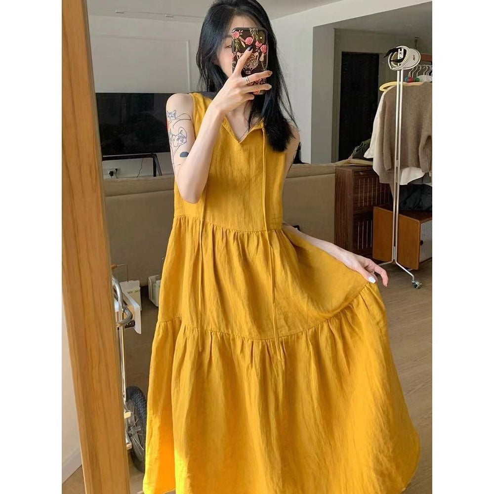 Summer New Cotton and Linen Ins Gentle Solid Color Sleeveless dress French Loose Strap Slimming Holiday Style Long Dress