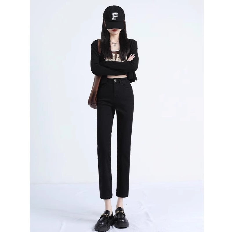 Women's Straight-Leg Jeans 2026 New Summer Thin High-Waisted Slimming Cropped Pants for Petite Figures Black Cigarette Pants