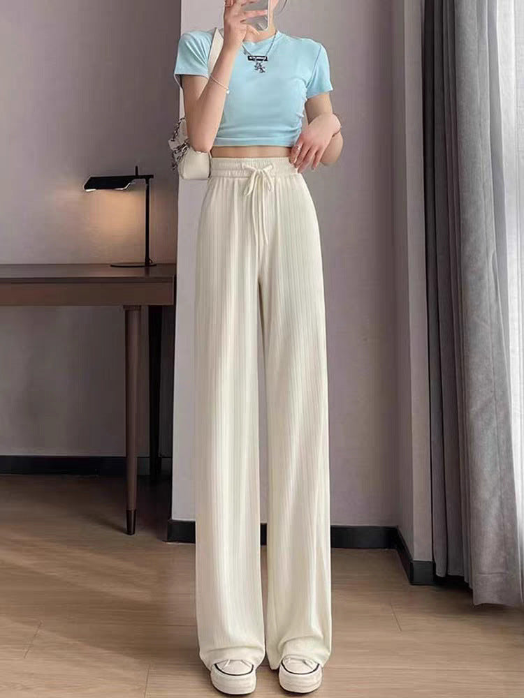 Ice Silk Wide-Leg Pants for Women, Summer Thin High-Waisted Drape Cool Mosquito-Proof Sun-Protective Casual Versatile Floor-Length Straight Pants