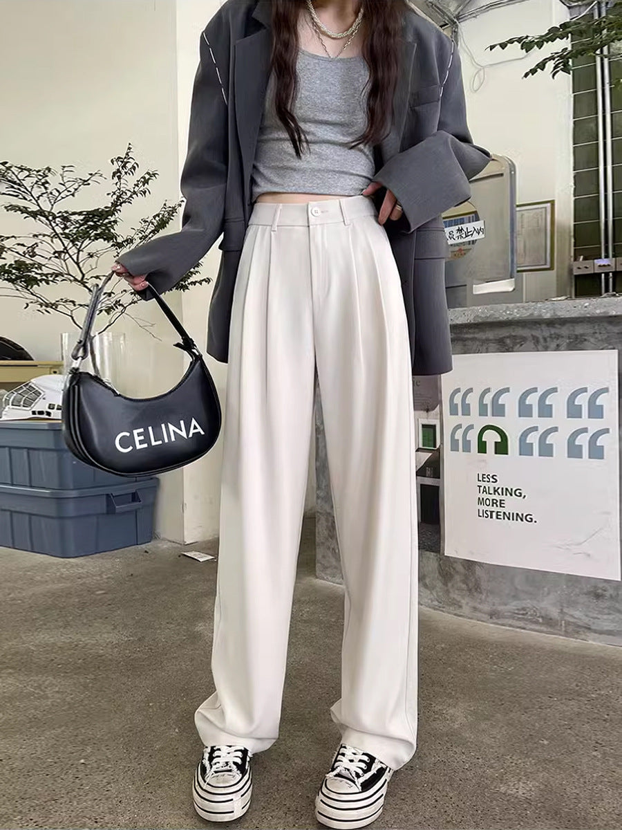 Gray Suit Pants for Women Spring and Summer New High-Waisted Double Pleated Slim Floor-Length Trousers Casual Straight Wide-Leg Pants
