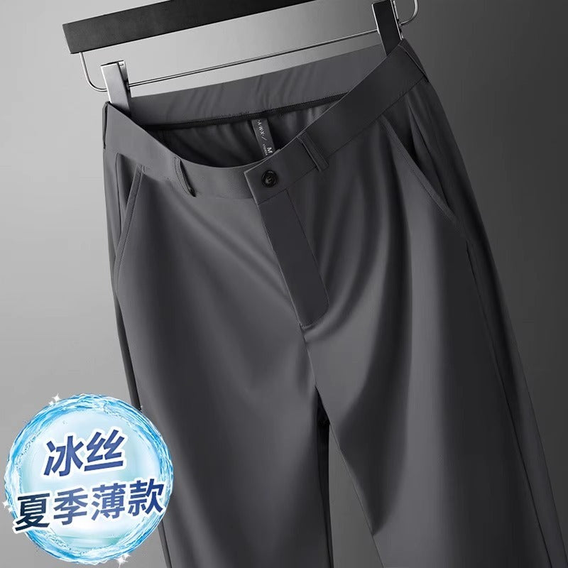 Wholesale men's ice silk trousers new casual pants men's slim-fit high stretch pants men's non-ironing black business men