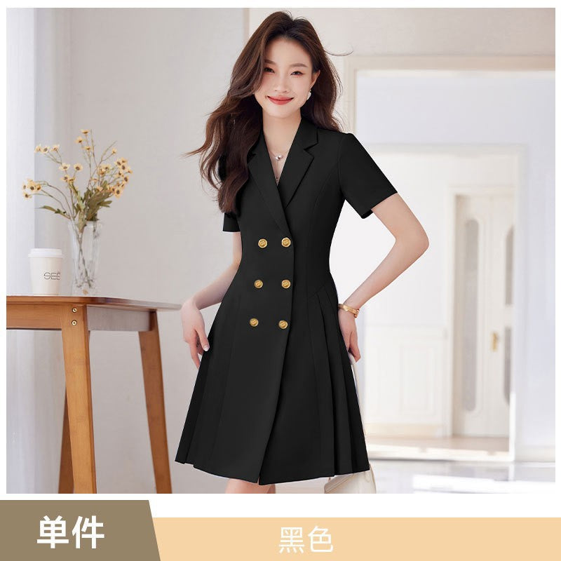 French Hepburn Style Small Black Dress High Sense High Cold Royal Sister Fried Street Small Fragrance Style Pleated Professional Suit dress Summer