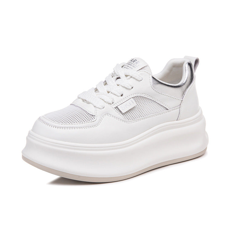 Women's White Sneakers with Hidden Height Increase, 2026 Summer Thin Mesh Breathable Sports Casual Sneakers, Popular Genuine Leather Platform Shoes