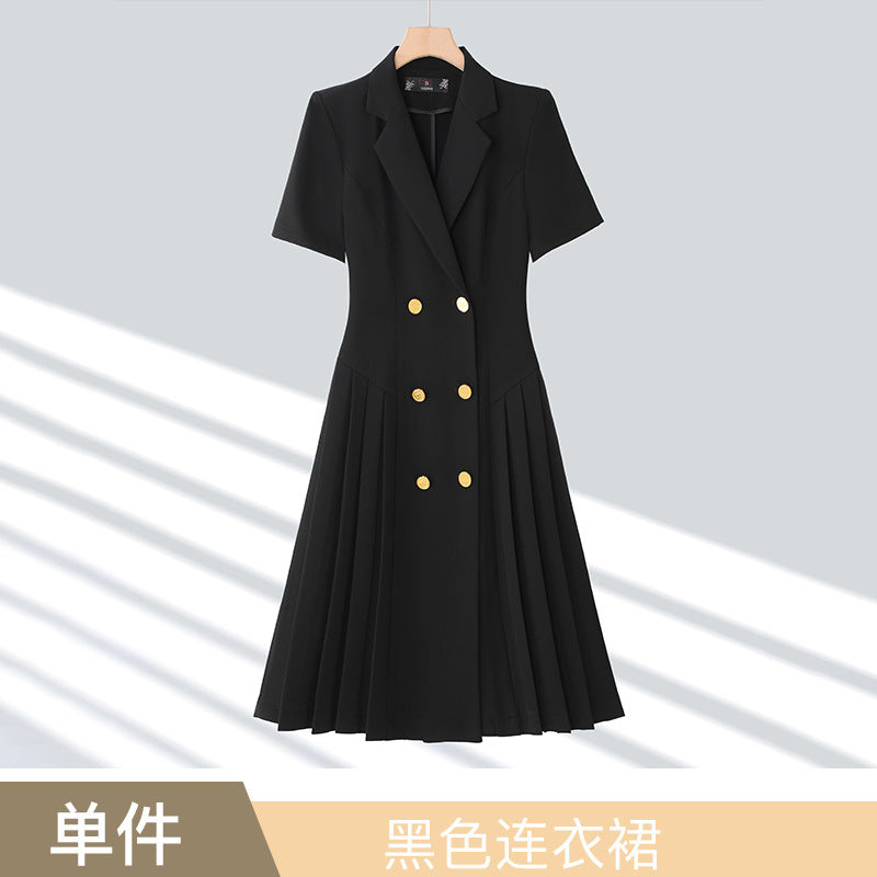 Spring and summer blue short-sleeved dress women's 2025 high-grade double-breasted professional suit collar mid-length skirt