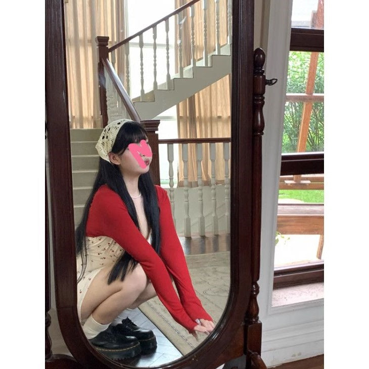 Plus Size Fat mm French Sweet Sexy Sweet Contrasting Suspender Skirt Women's Summer Red Cardigan + Floral Skirt Two-Piece Set