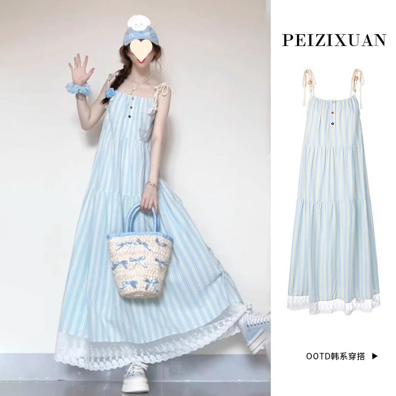 French Elegant Slimming Blue Sleeveless dress Children's Summer 2025 New High-end Seaside Holiday Dress