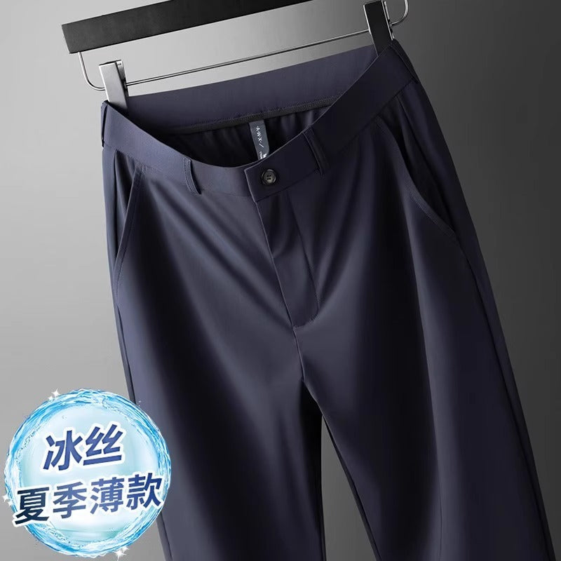 Wholesale men's ice silk trousers new casual pants men's slim-fit high stretch pants men's non-ironing black business men