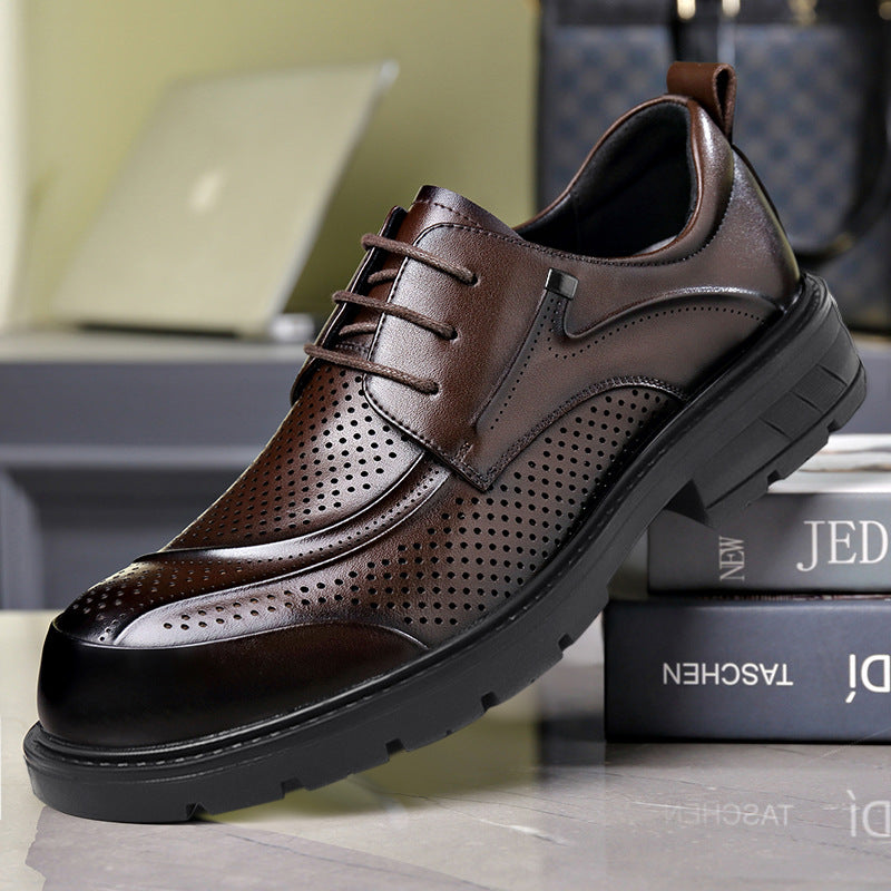 Men's Casual Leather Shoes Popular Lace-Up Round Toe Thick Sole Big Head Brown Fashion British Versatile Business Formal Men's Shoes