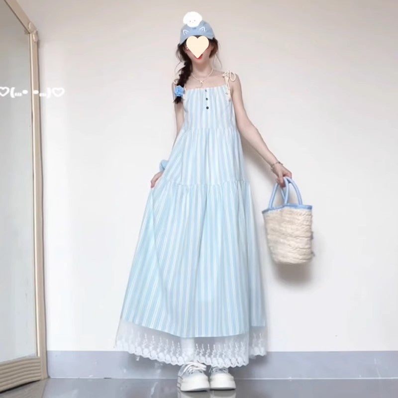 French Elegant Slimming Blue Sleeveless dress Children's Summer 2025 New High-end Seaside Holiday Dress