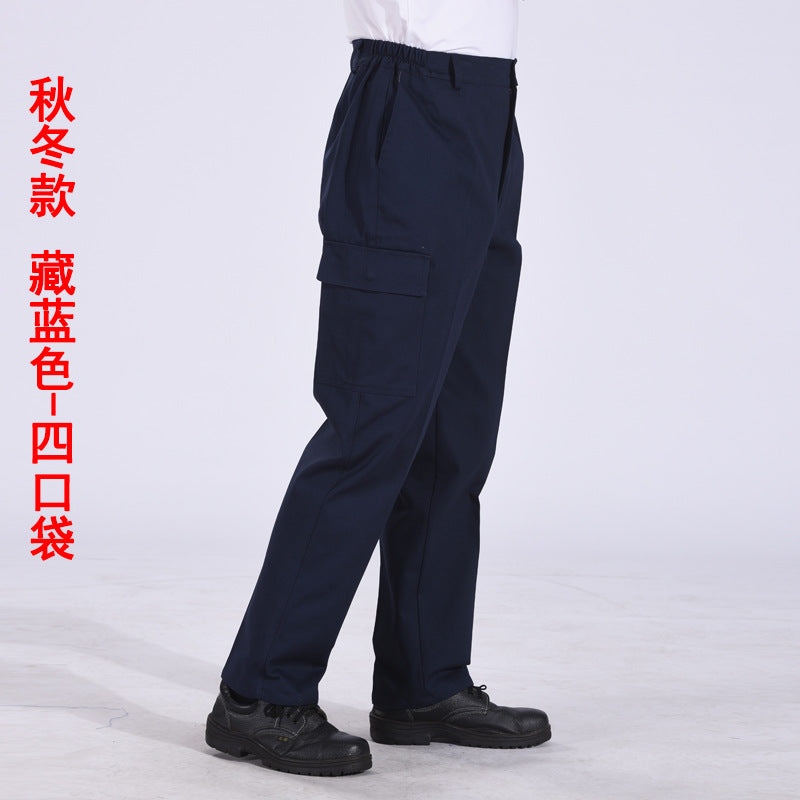 Autumn and Winter Pure Cotton Work Pants for Men, Wear-Resistant Welding Workwear, Blue Construction Site Workshop Handling Work Clothes Pants