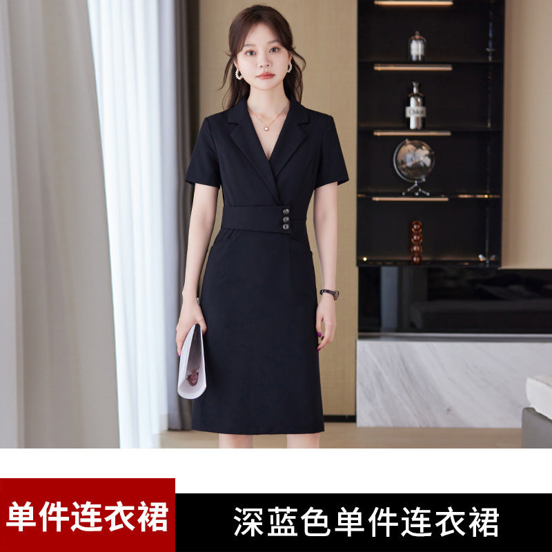 [Elegant Long Skirt] V-neck Short-sleeved dress High-end Work Clothes Mid-length Skirt Spring and Summer Business Wear Uniform