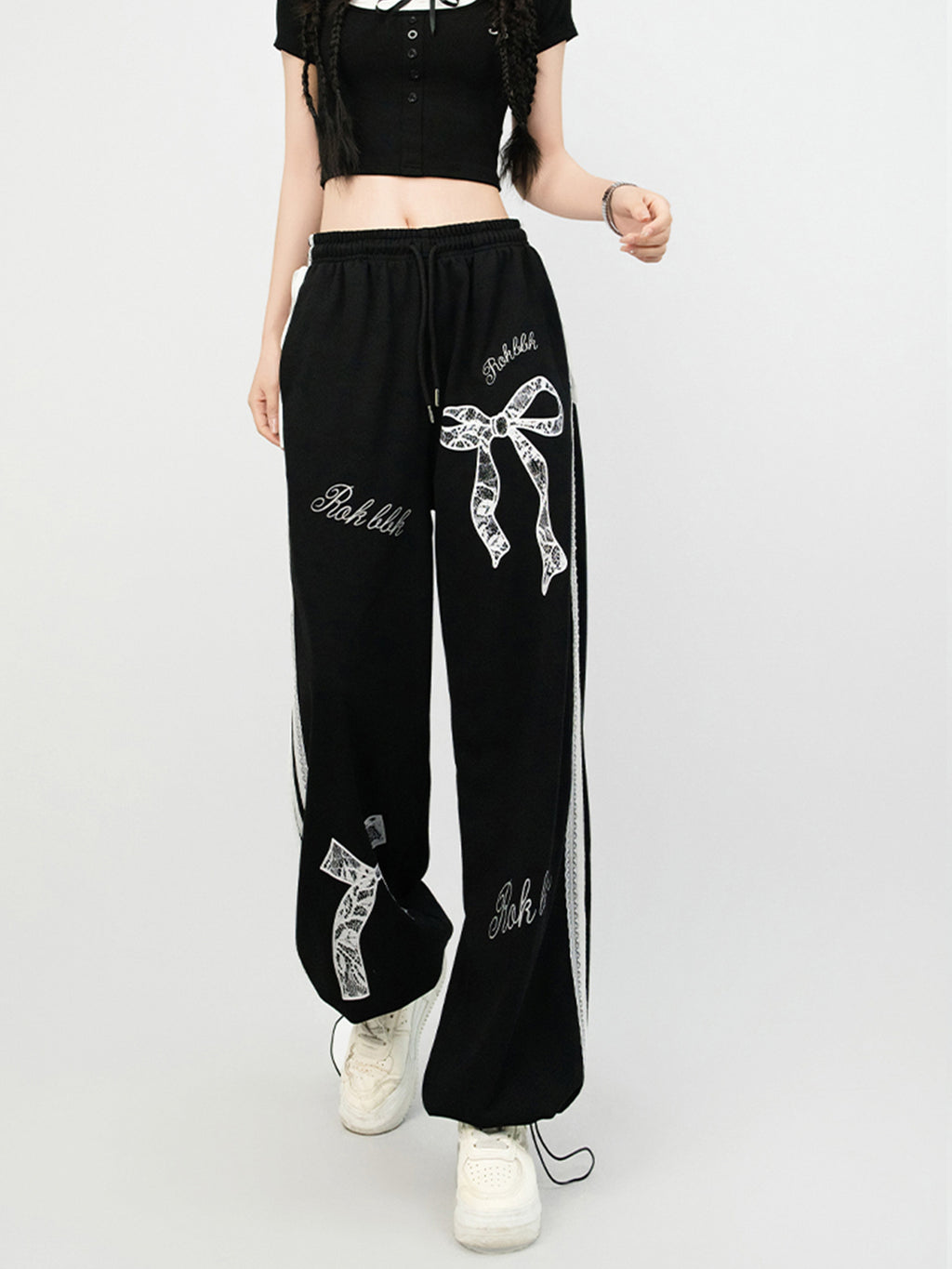 Trendy Jazz Dance Ballet Style Lace Trim Casual Pants Elastic Waist Sports Straight Slim Versatile Black Long Pants