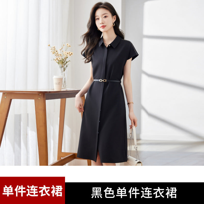 [Elegant Long Skirt] V-neck Short-sleeved dress High-end Work Clothes Mid-length Skirt Spring and Summer Business Wear Uniform
