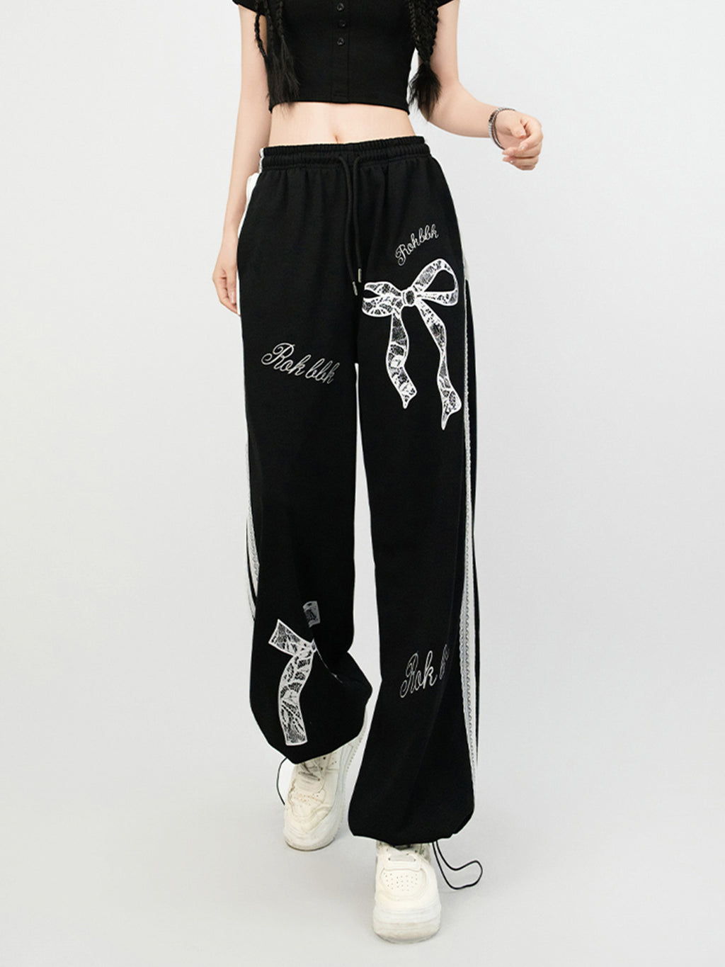 Trendy Jazz Dance Ballet Style Lace Trim Casual Pants Elastic Waist Sports Straight Slim Versatile Black Long Pants