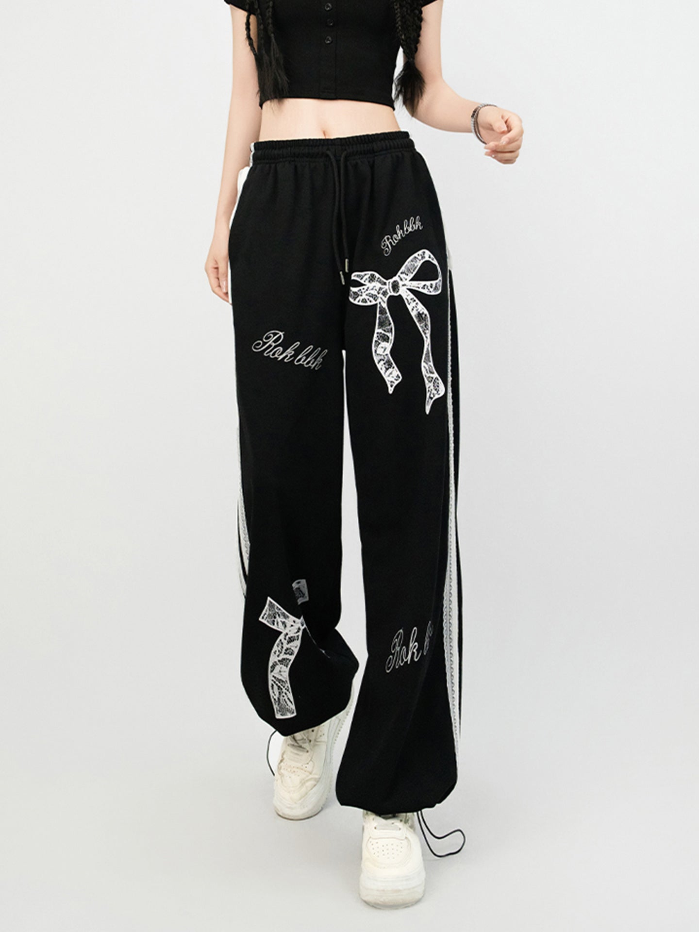 Trendy Jazz Dance Ballet Style Lace Trim Casual Pants Elastic Waist Sports Straight Slim Versatile Black Long Pants