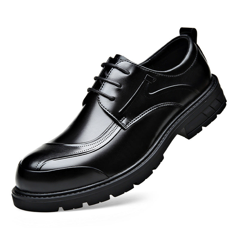 Men's Business Casual Leather Shoes with Large Toe, Thick Sole, Lace-Up, Hollow-Out Design, Fashionable British Style, Versatile Formal Men's Shoes, Breathable
