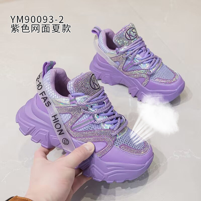2026 Spring and Autumn Style Dad Shoes, Internet Celebrity Rhinestone Breathable Genuine Leather Shoes for Petite People, Popular Purple Thick-Soled Sports Shoes, Trendy on Instagram