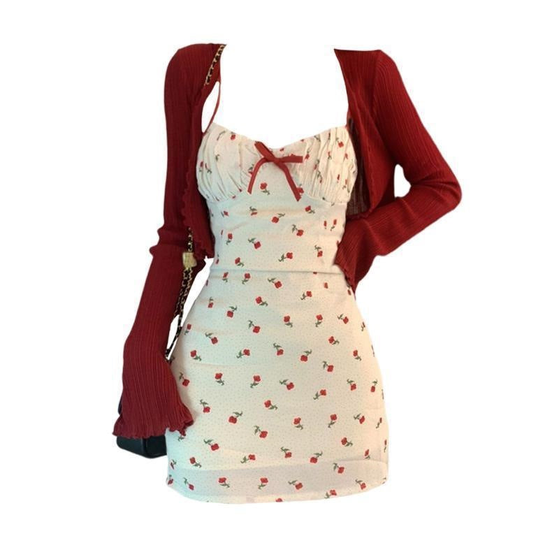Plus Size Fat mm French Sweet Sexy Sweet Contrasting Suspender Skirt Women's Summer Red Cardigan + Floral Skirt Two-Piece Set