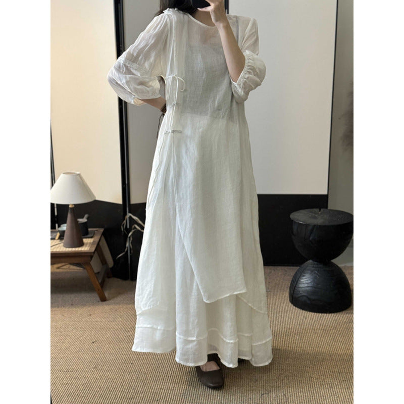 Summer New Style Quality Ramie Handmade Buckle Lace Lace Guofeng dress Double-Layer Skirt suit