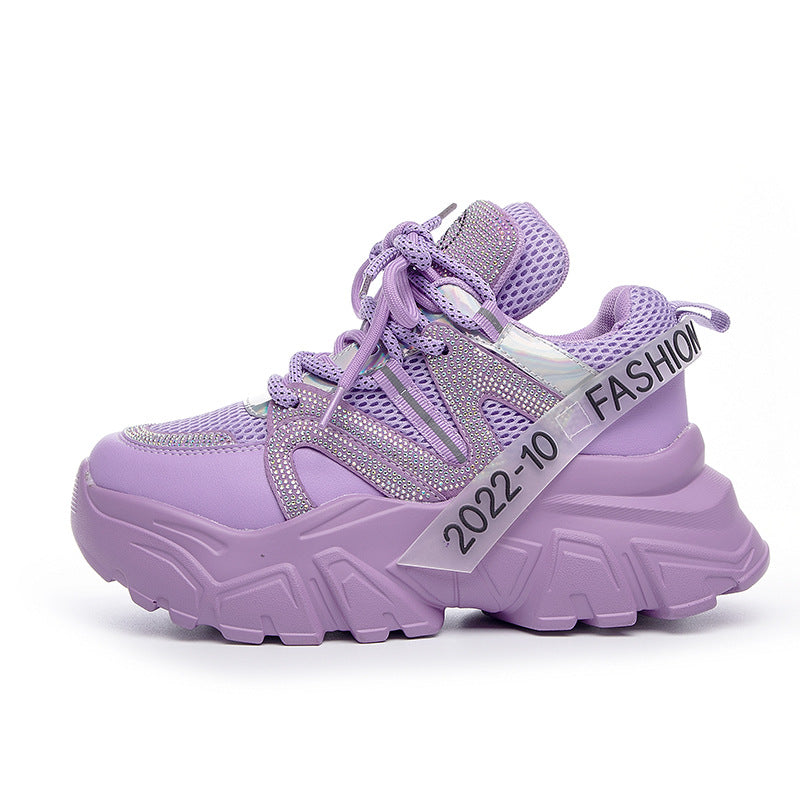 2026 Spring and Autumn Style Dad Shoes, Internet Celebrity Rhinestone Breathable Genuine Leather Shoes for Petite People, Popular Purple Thick-Soled Sports Shoes, Trendy on Instagram