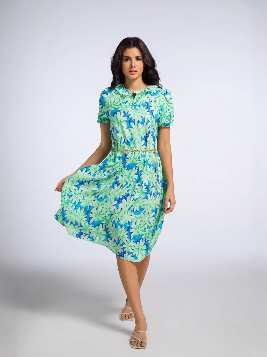 2025 Summer Women's New Ruffled Sleeve Women's European and American Pleated Bow Thai Print Long Skirt Dress