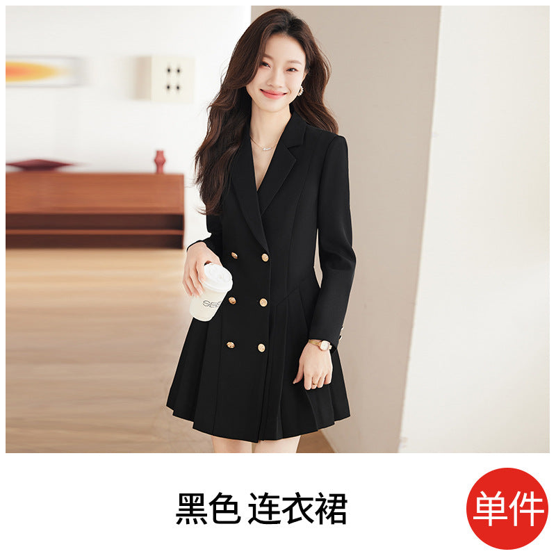 French Hepburn Style Small Black Dress High Sense High Cold Royal Sister Fried Street Small Fragrance Style Pleated Professional Suit dress Summer