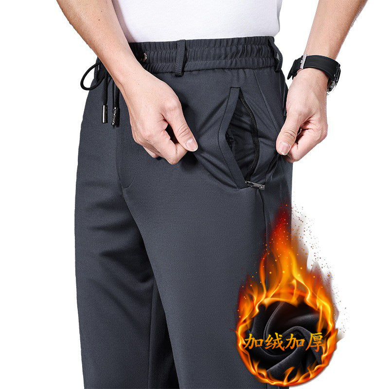 Autumn and Winter fleece-lined Casual Pants Straight Elastic Waist Stretch Pants Men's Thickened Business Men's Pants Elastic Waist Warm Pants