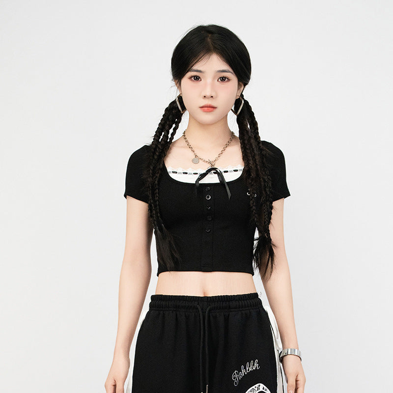 Trendy Jazz Dance Ballet Style Lace Trim Casual Pants Elastic Waist Sports Straight Slim Versatile Black Long Pants