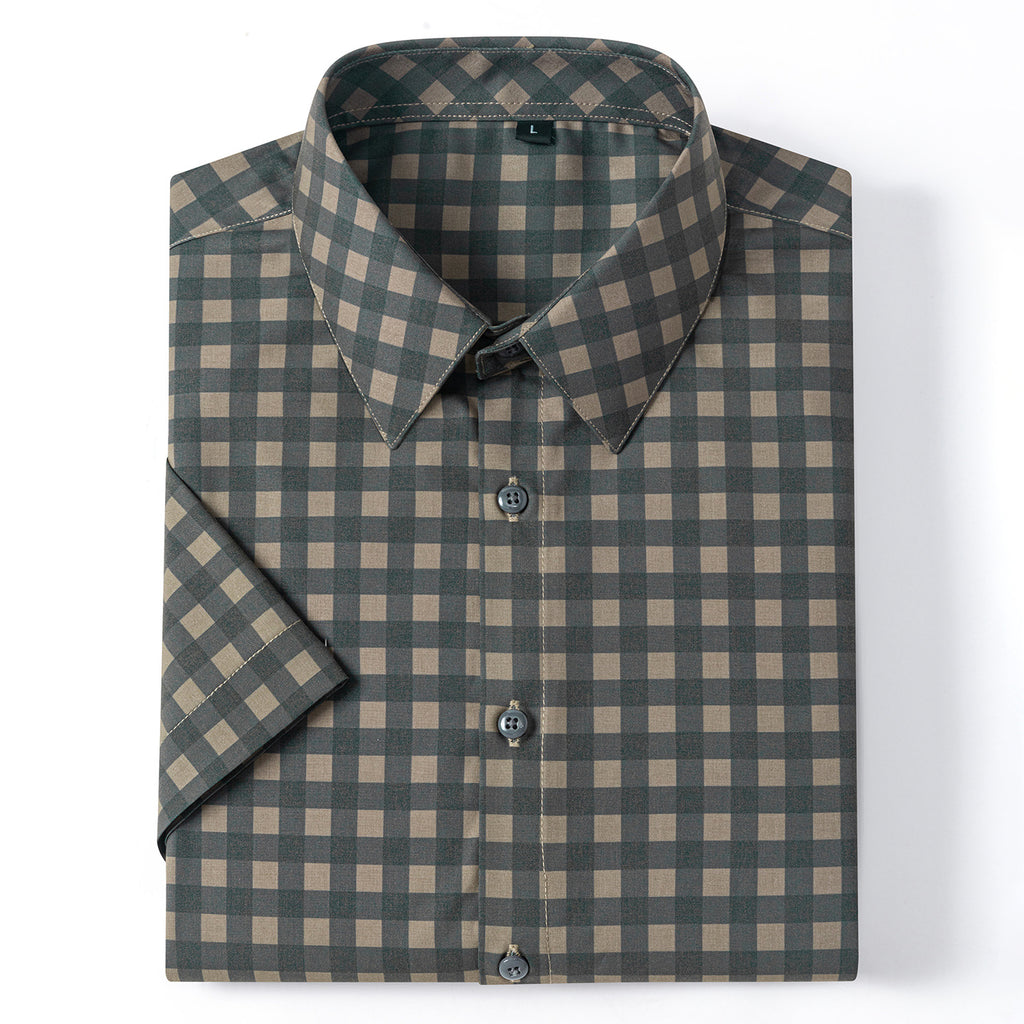 New 2025 Summer New Men's Short-Sleeved Bamboo Fiber Plaid Shirt Casual Half-Sleeved Pocketless Men's Lining