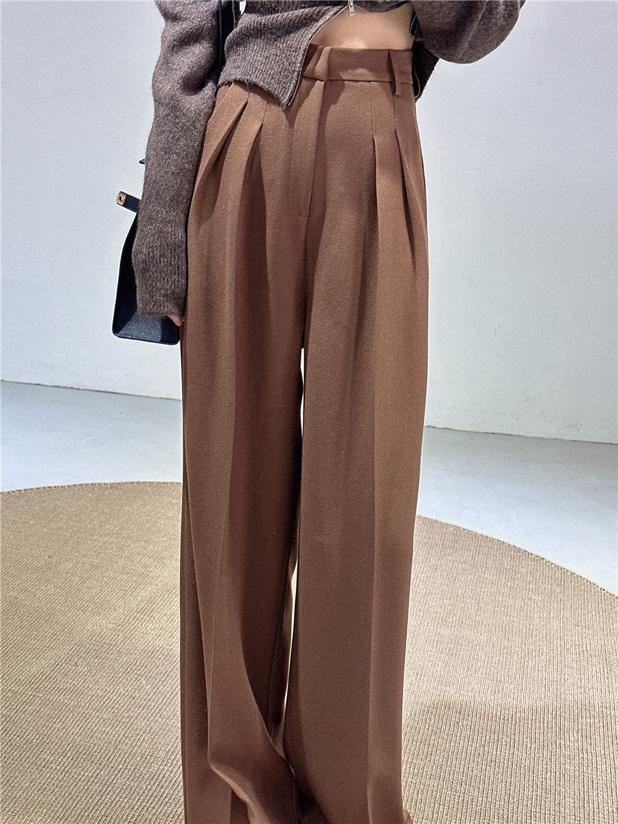 Spring and Autumn New Style Old Money Style Brown Coffee Color Suit Pants for Women, Wide-Leg Pants with Drape Effect, Slimming, Extended Length for Tall Individuals, Straight-Leg Pants