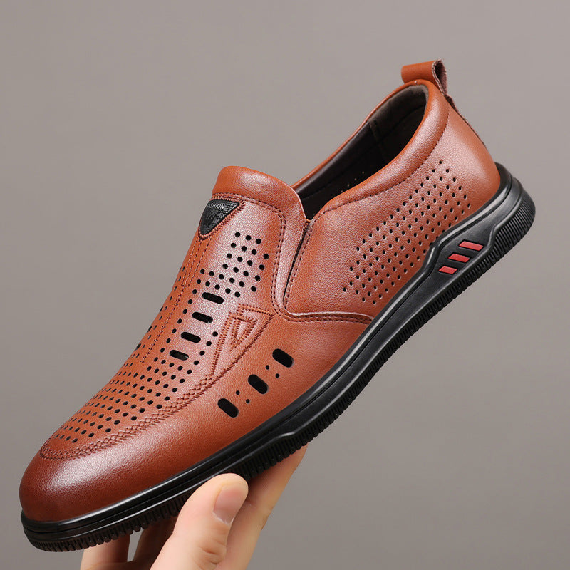 Summer Leather Shoes for Men, Casual Hollow Breathable Clogs, Soft Sole, Soft Mesh Shoes, Foreign Style Men's Shoes, Drop Shipping
