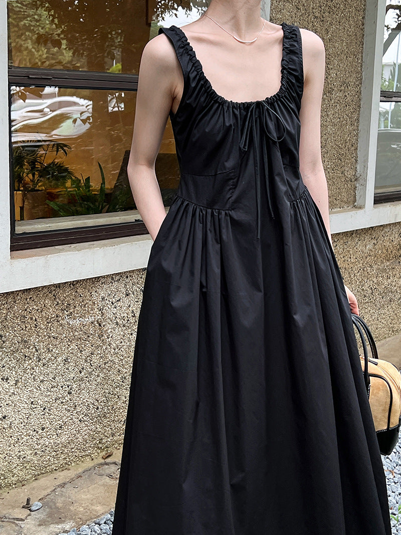 Luxi French Sleeveless Pleated Camisole dress Summer Minimalist Joker Waist Elegant Long Dress 5068