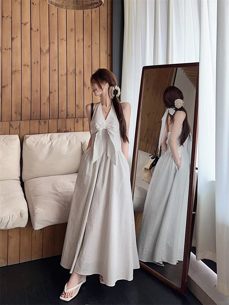 Gentle Style Stripesd Bow Halter V-Neck Dress for Women Summer Seaside Vacation A-Line Skirt French Style Long Skirt