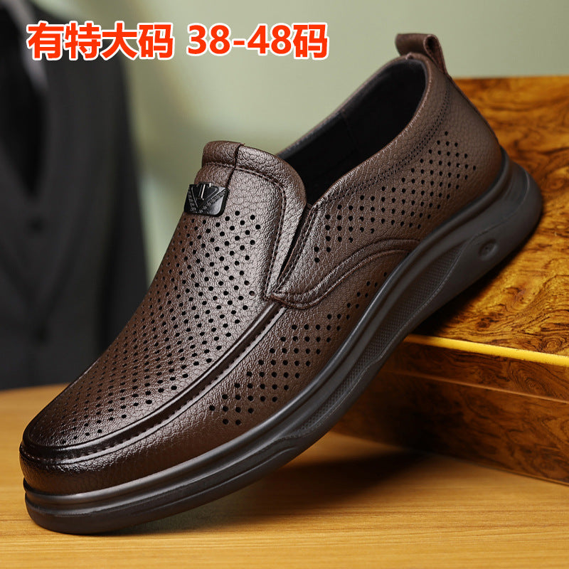 Summer Men's Shoes for Middle-Aged and Elderly People, Genuine Leather Breathable Men's Sandals, Leather Shoes, Soft Soles, Hollow Casual Shoes, Clogs