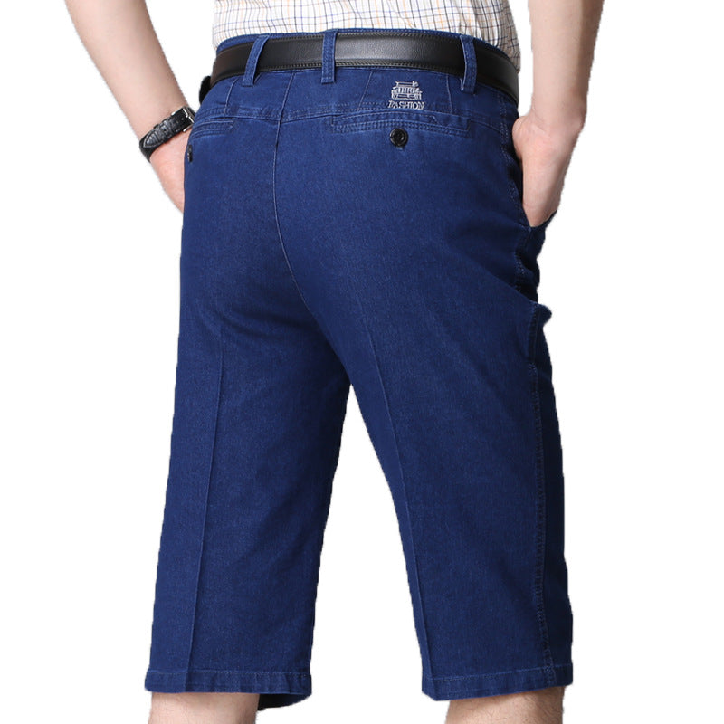 Middle-aged Men's Cropped Pants Loose Stretch Over-the-knee Shorts Summer Ultra-thin Business Jeans for Middle-aged and Elderly Dads