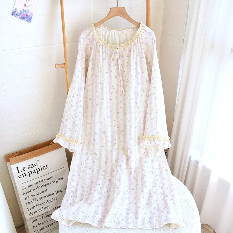 Spring and Summer Long Sleeve Round Neck Lace Sweet Long Dress Women's Thin Cotton Loose Outer Wear Small Floral Home Dress