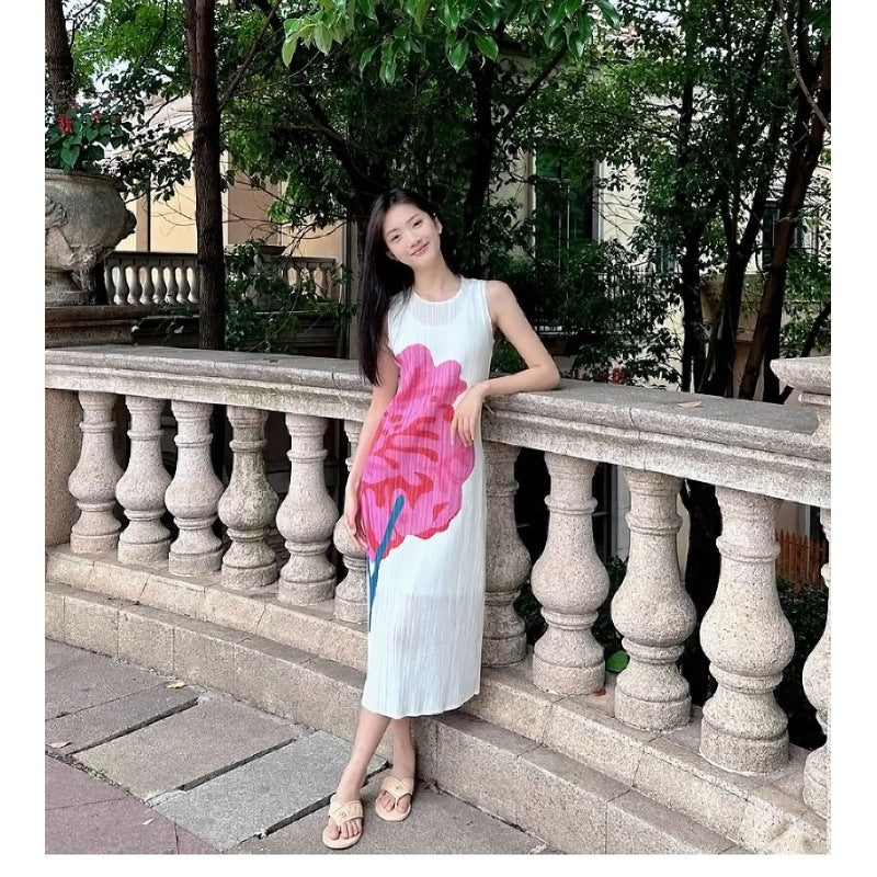 In Stock Miyake Dress Printed Elegant Elegant High-End Loose Slimming Look Elegant Round Neck Sleeveless Pleated Skirt